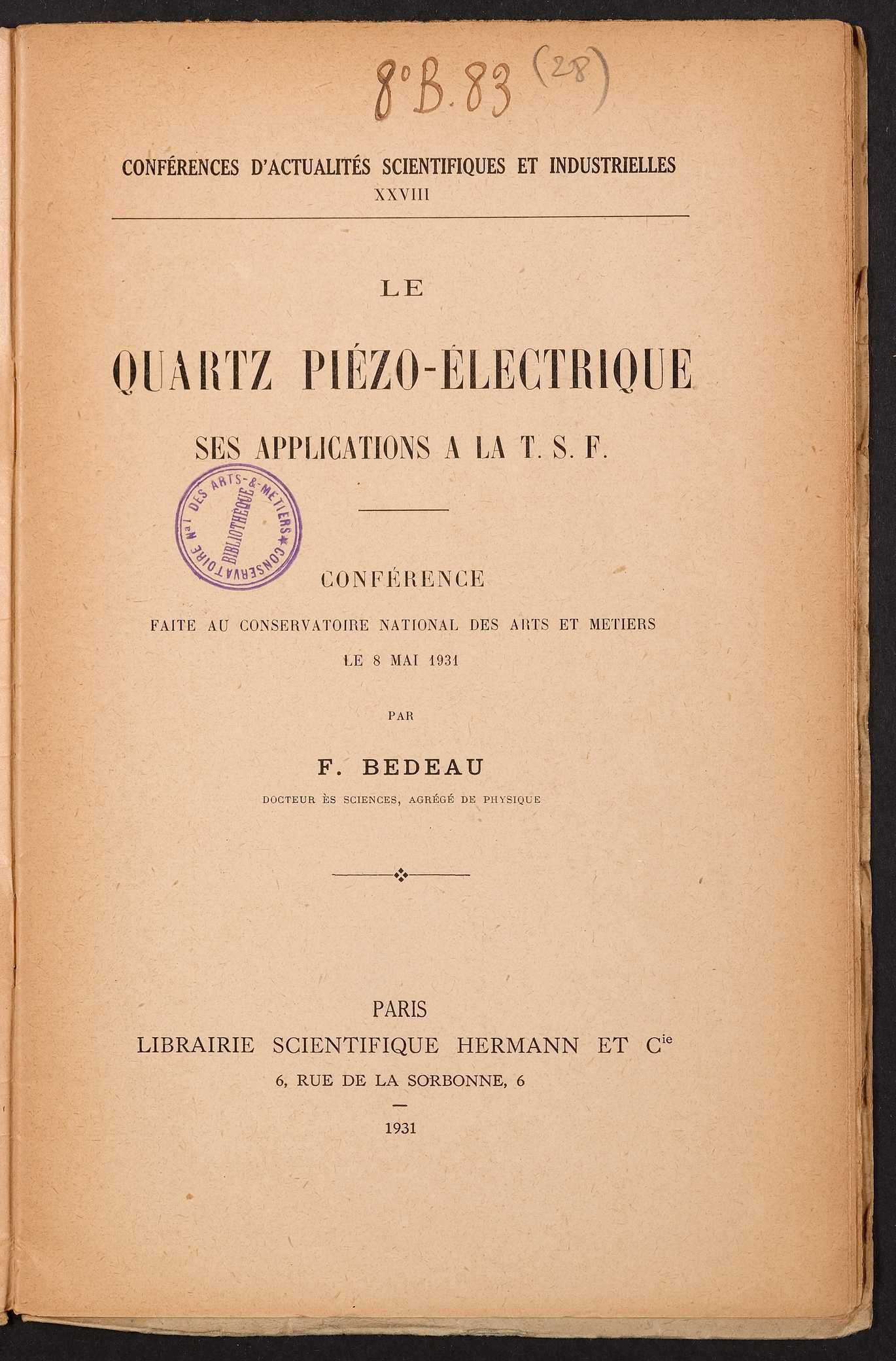 Page de titre du 8B83.28