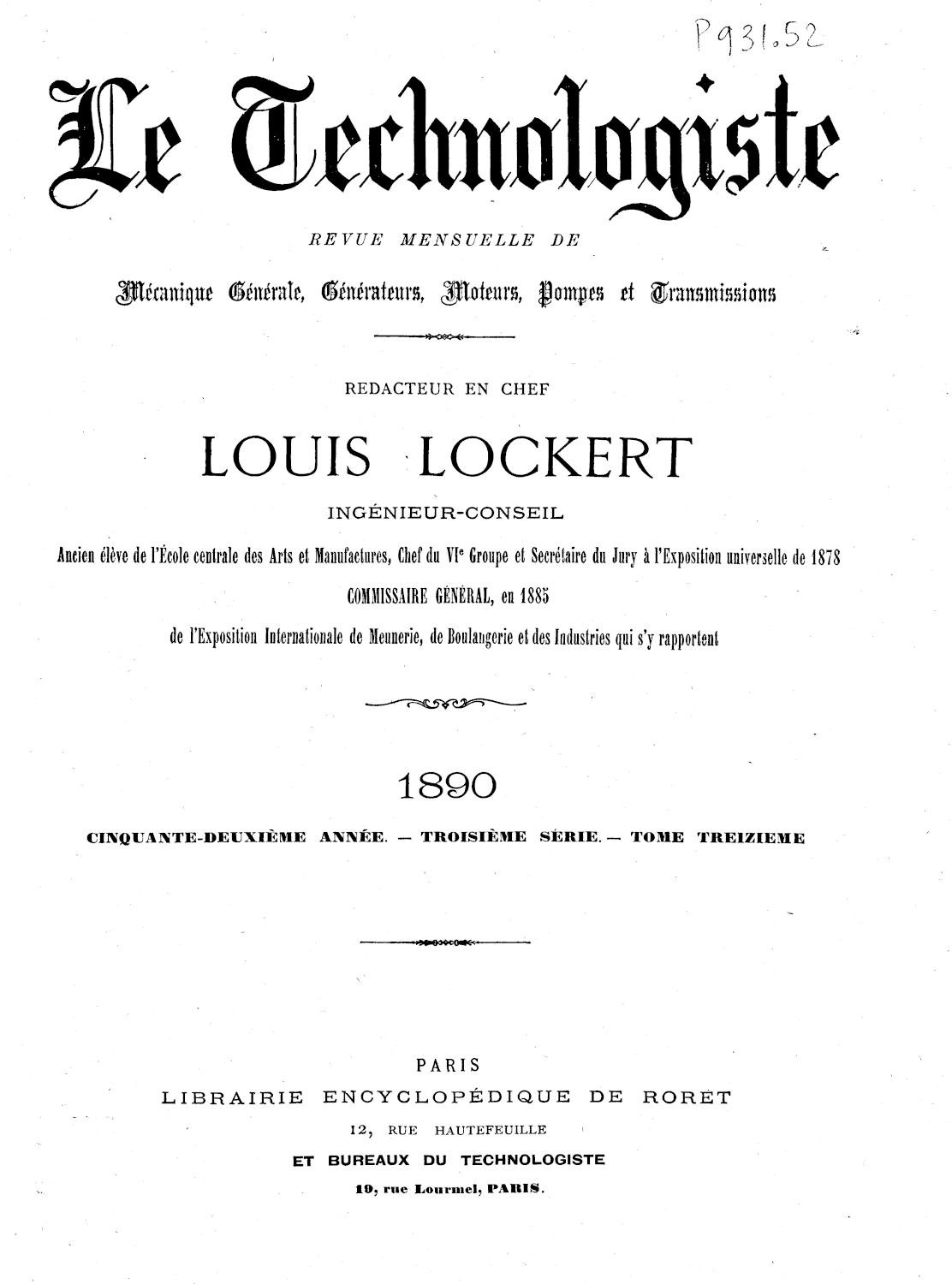 Page de titre du P931.52