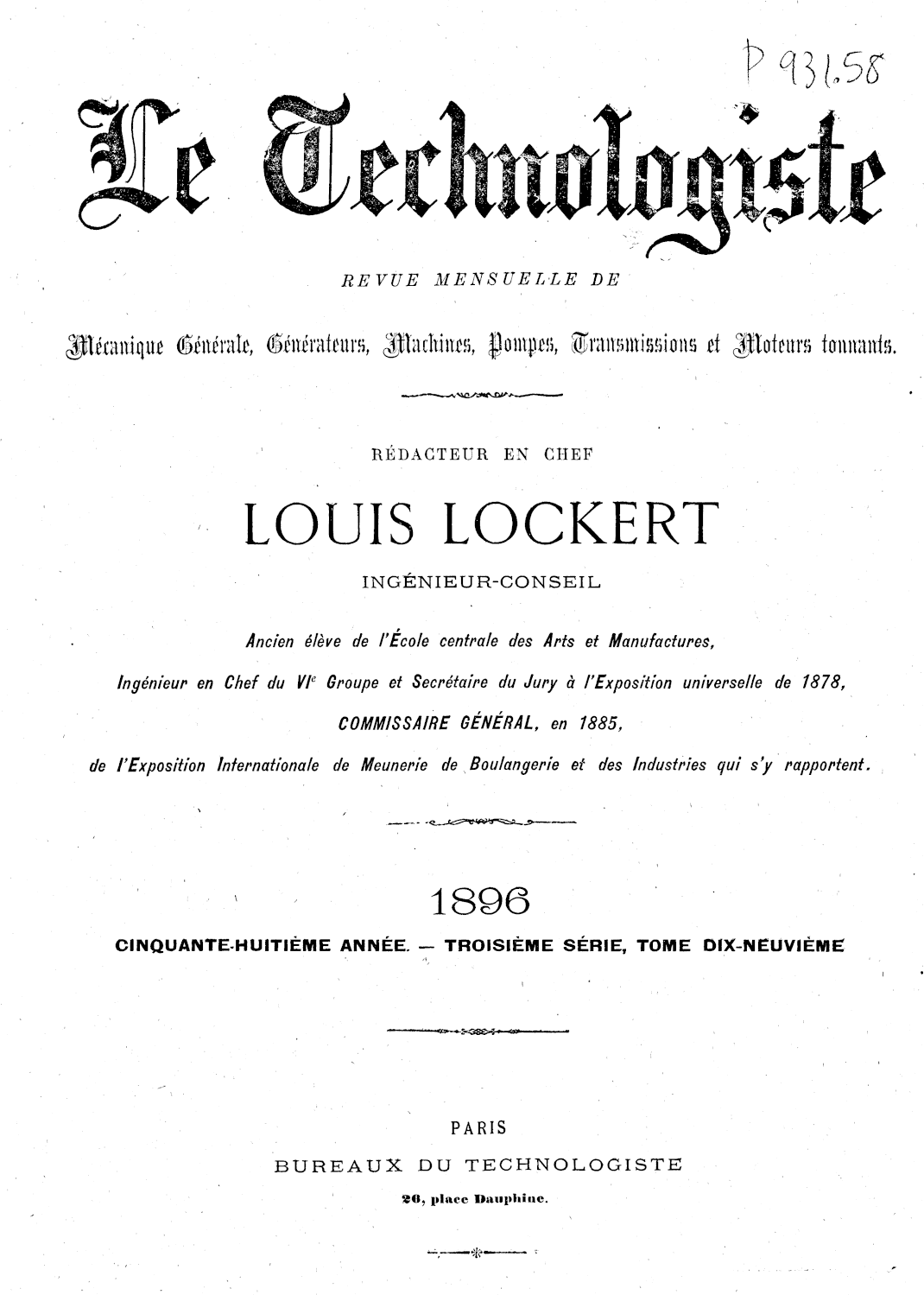 Page de titre du P931.58